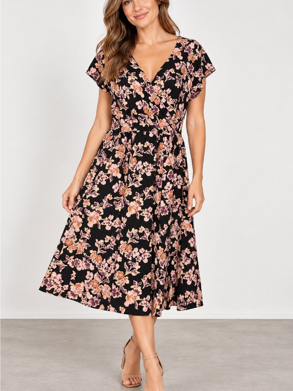PACT Size XL Organic Cotton Fit & Flare Midi Dress Floral Print Vneck Crossover